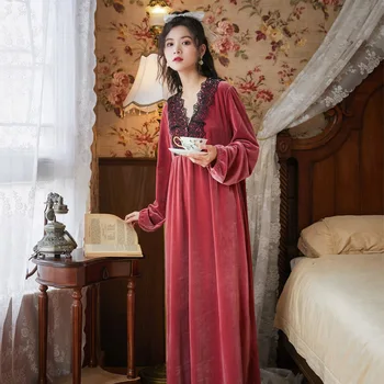 Femei Maneca Lunga Cămașă de noapte de Iarna pentru Femei Velour Curtea Stil Fusta Lunga Aur Cald Catifea Pijamale Largi Dimensiune Haine de Acasă Imagine 2
