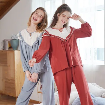 Femei Pijamale de Bumbac Moale, Seturi de Pijama Rochie de Dantela cu Maneci Lungi Arc Cămăși de noapte Set de Toamnă de sex Feminin Pijamale femei Gravide dimensiuni Mari