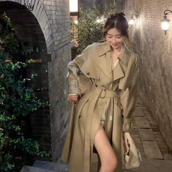 Femei șanț Lung si Solid, Kaki Simplu Birou Doamnelor Moda coreeană Stil Britanic Casual Streetwear Palton Chic All-meci OOTD