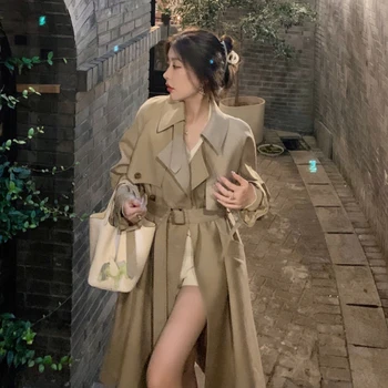 Femei șanț Lung si Solid, Kaki Simplu Birou Doamnelor Moda coreeană Stil Britanic Casual Streetwear Palton Chic All-meci OOTD Imagine 2