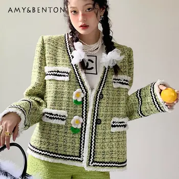 Femei';s Elegant V-gât Haina de Tweed Design Special Toamna și Iarna Costum Nou Haina pentru Femei Singure Pieptul Florale Haine Noi