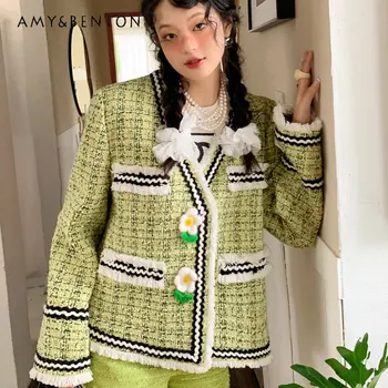 Femei';s Elegant V-gât Haina de Tweed Design Special Toamna și Iarna Costum Nou Haina pentru Femei Singure Pieptul Florale Haine Noi Imagine 2