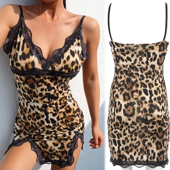 Femeile Cami Rochia Lenjerie Bretele Babydoll Split Leopard Tapiterie Dantelă Adânc V Neck Combinezon Sleepwear Bodycon Costume Imagine 2