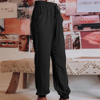 Femeile Cu Talie Înaltă Buzunar Elastic Lenjerie De Pat Din Bumbac Pantaloni Lungi De Vara Femei Pantaloni Culoare Solidă Imagine 2