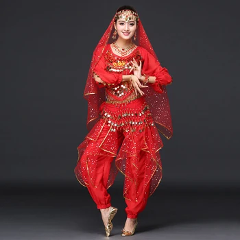 Femeile Dansează Haine Sari Belly Dance Set Costum Bollywood Indian Pantaloni Costum de 5 pc-uri:top, curea, pantaloni, bratari si voal