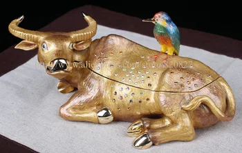 FengShui Vaca Bovine Trinket Box Acasă Metalice Decorative Animal Ox Meserii cu Păsări Drăguț și Umor Vaca Comoara de Bijuterii Cutie de Depozitare