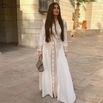 Fildeș Maneca Lunga Musulman Rochie De Seara 2021 Robe De Soirée Islamic Dubai Arabă Rochii De Seara Broderie Aurie Rochie De Bal Formale