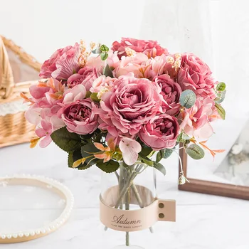 Frumoase Hortensii, Trandafiri, Flori Artificiale pentru Casa Decoratiuni de Nunta de Înaltă Calitate, Buchet de Toamna Mousse de Bujor de Flori False Imagine 2