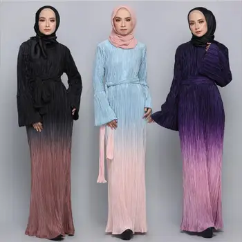 Gradient de curcubeu tipărite cutat rochie Musulman întinde musulman abayas dubai islamic a fost subțire abayas cu centura dropship