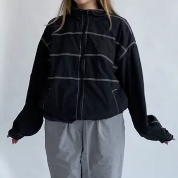 Harajuku Casual Negru Cargo Stil Jacheta De Toamna Pentru Femei Tech Streetwear Simplu Cu Fermoar Liber Sport Luminoase Linie Uza