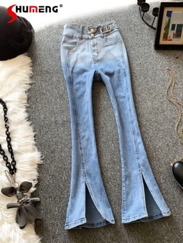 High Street Gradient Blue Jeans pentru Femei Talie Inalta se Potrivesc Subțire Fantă Flare Pantaloni 2022 Nou Primavara-Vara Pantalones Vaqueros Mujer