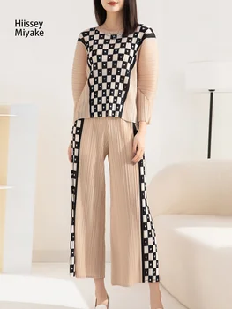 HiIssey Miyake Design vestimentar 2023 Femei de Primăvară Nouă Casual Două piese Tur-Gât cu mâneci Lungi de Top+Wide-legged Nouă-punct de Pantaloni Imagine 2