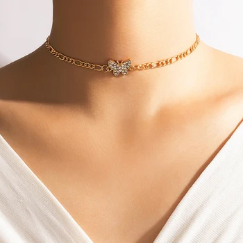 HuaTang Nou la Modă Fluture Stras Cravată Colier Boem de Aur de Culoare Argintie din Aliaj Metalic Reglabil pentru Femei Bijuterii