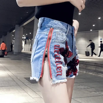 Industria Grea Paiete Brodate Talie Inalta Blugi Pantaloni Scurți Femei Vara-Coreean S-A Rupt Fermoarul Denim Pantaloni Scurți Femei Jean Femme Imagine 2