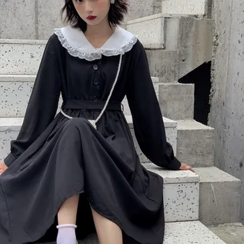 Japonez Harajuku Întuneric Gotic Lolita Rochie Femei Vintage Stil Preppy Dulce Dantela Rândul Său, În Jos Guler Vrac Maneca Lunga Rochie Zână