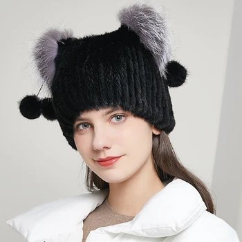 JKP femei toamna și iarna blană de nurcă țesute pălărie și iarna moda capac cu vulpe argintie cat de protecție pentru urechi Imagine 2