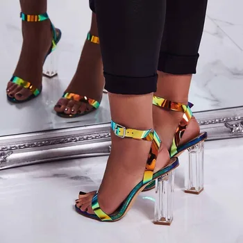 Karinluna New Sosire Femei Sandale De Curea Cataramă Clar Tocuri Inalte Pătrat Multicolors Pantofi De Femeie Sexy, Elegante Sandale De Vara Imagine 2