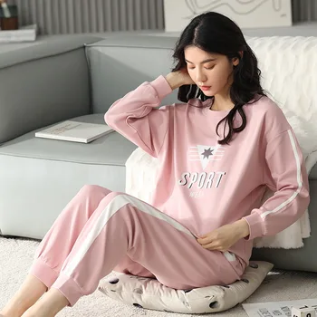 Kmbraeal Bumbac Femeie Pijama Set 2 Piese Primavara Toamna Sleepwear Sport Homewear fata de Confortabil să Poarte în Afara Plus Dimensiune Imagine 2