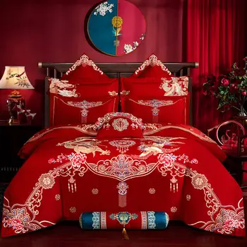 Luxury Gold Dragon Phoenix Broderie Nunta Chineză Princess Set De Lenjerie De Pat De Bumbac Culoare Solidă Carpetă Acopere Foaie De Pat Fețe De Pernă