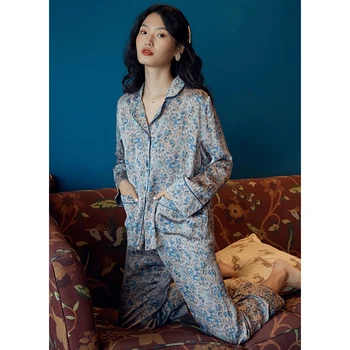 Maison Gabrielle 2021 Primavara-Vara Noi de Mătase Satin Imprimat Pijamale Sleepwear Set Body pentru Femei Pijama Femme 2 Bucati Imagine 2