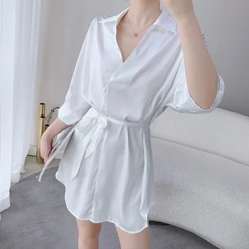 Maneci Scurte Sleepshirt Vara Noi Satin Femei Homewear Sexy Acasă Îmbrăcăminte Lenjerie Intima Alb Mini Casual Pijamale