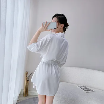 Maneci Scurte Sleepshirt Vara Noi Satin Femei Homewear Sexy Acasă Îmbrăcăminte Lenjerie Intima Alb Mini Casual Pijamale Imagine 2
