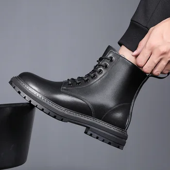 mens de moda cizme motocicleta maree neagră original pantofi din piele cowboy platforma cizme dantela-up frumos scurt botas hombre zapatos