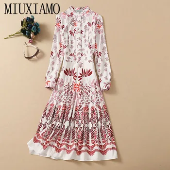 MIUXIMAO 2020 Toamna Rochie mai Nou de Înaltă Calitate, Frunze de Imprimare Full Sleeve Slim Elegant Casual de Birou Doamnă în Rochie Lungă, Femei Vestidos