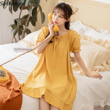 Moale Cămăși De Noapte Pentru Femei Arc Volane Largi Doamnelor Sleepshirts Simplu Solid Homewear Casual Kawaii Adolescenti Stil Japonez Moale Chic Imagine 2