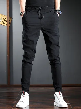 Moda Casual Pantaloni Negri Barbati Slim Fit Talie Elastic Cu Cordon Pantaloni Imagine 2