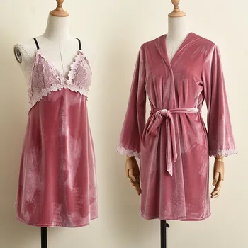 Mozaic 2 buc Kimono-Halat Set pentru Femei Velour Acasă Îmbrăcăminte Lenjerie Intima Maneca Lunga Catifea Casual camasa de noapte, Pijamale Imagine 2