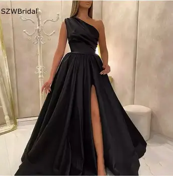 New Sosire Satin Negru rochii de seara Lungi Un umăr Simple, rochii de seara pentru femei Avondjurken Ieftine rochie de Petrecere Imagine 2
