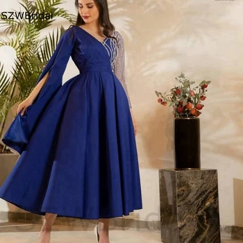 New Sosire V Gatului maneca Lunga rochii de Seara Scurte rochie Musulman femei din Satin Albastru Regal Ieftine rochie de Seara rochie de Bal