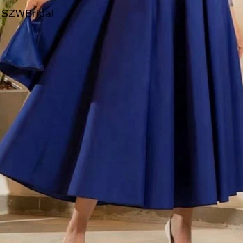New Sosire V Gatului maneca Lunga rochii de Seara Scurte rochie Musulman femei din Satin Albastru Regal Ieftine rochie de Seara rochie de Bal Imagine 2