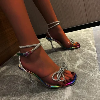 Noi 2022 mari dimensiuni de moda pentru femei cu toc stiletto funda stras sandale catwalk pantofi cu tocuri de vară
