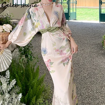 Noi Flori Imprimate Rochii Femei Stil Japonez Satin V Gâtului HarajukuKimono Rochie de Femei de Îmbrăcăminte Eleganta Vintage Vestido XL
