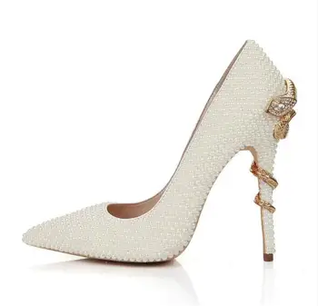 Noua moda perle mireasa nunta pantofi femei cu toc perle albe pantofi rochie subliniat toe șarpe de aur toc perla tocuri inalte