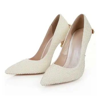 Noua moda perle mireasa nunta pantofi femei cu toc perle albe pantofi rochie subliniat toe șarpe de aur toc perla tocuri inalte Imagine 2
