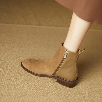 NOUA Toamna Pantofi Femei piele de Căprioară Vacă Glezna Cizme Rotund-Deget de la picior Toc Indesata Cizme pentru Femei de Iarnă Ciucure pentru femei Cizme pentru Femei cu Fermoar Cizme Moderne Imagine 2