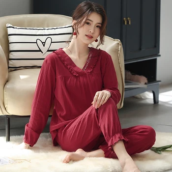 Nouă Primăvară V-Gât Roșu de sex Feminin Pijamale cu Maneca Lunga, Pijamale coreeană 2 Buc/set Dulce Pijamas Mujer Plin de Bumbac, Pijamale Haine de Acasă
