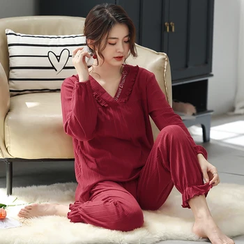 Nouă Primăvară V-Gât Roșu de sex Feminin Pijamale cu Maneca Lunga, Pijamale coreeană 2 Buc/set Dulce Pijamas Mujer Plin de Bumbac, Pijamale Haine de Acasă Imagine 2