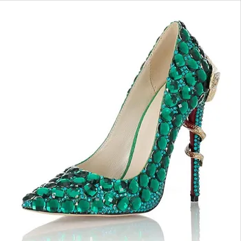 Nunta Pompe de Femei 11cm Tocuri inalte Pantofi de Cristal Șarpe Tocuri Verde Stras Lux Stiletto Doamnelor Petrecerea de nunta Pantofi de Dimensiuni Mari