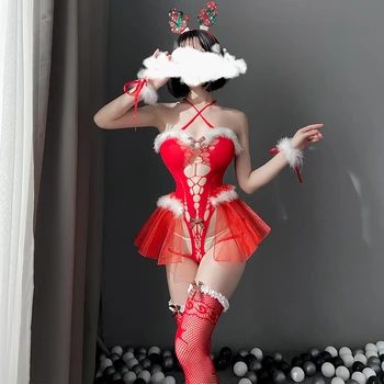 Ochiurilor de Plasă Sexy Body Anime Cosplay, Costume de Crăciun cu Ciorapi Roșii de Lenjerie Lenjerie de Crăciun Elan American de Îmbrăcăminte