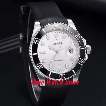 Parnis 40mm Miyota 8215 5ATM Automată bărbați ceas cadran alb luminos de sticlă de safir negru bezel ceramica waterproo
