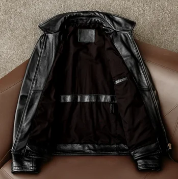 piele de vacă stil.bărbați cald Transport Gratuit.jachetă nouă.calitate motociclist haină de piele.moda slim haine de piele.negru Imagine 2