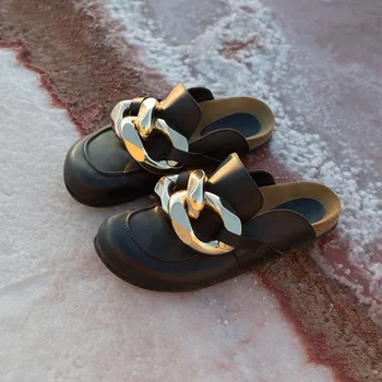 Primavara-Vara 2022 Nou Pantofi pentru Femei Nou Aceeași Jumătate Trageți Lanțul Gros de Metal de Jos Moara de Pantofi Papuci Pentru Fete Femei 3.5 cm