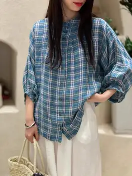 Primăvara Femeile Toate-meci Ultra Liber Supradimensionate Confortabil Japonia Stil Carouri Material Natural care se Spală cu Apă Lenjerie Camasi/Bluze Imagine 2