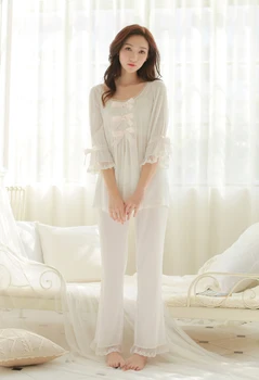 Printesa Femei Albe Pantaloni de Pijama Set Dantela Decor Sleepwear transport Gratuit s7 Imagine 2