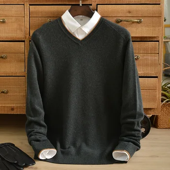 Pur pulover de cașmir pentru bărbați V-neck îngroșat business casual pulover cald bază solidă pulover de culoare de vârstă mijlocie lejere si simple