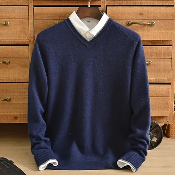 Pur pulover de cașmir pentru bărbați V-neck îngroșat business casual pulover cald bază solidă pulover de culoare de vârstă mijlocie lejere si simple Imagine 2